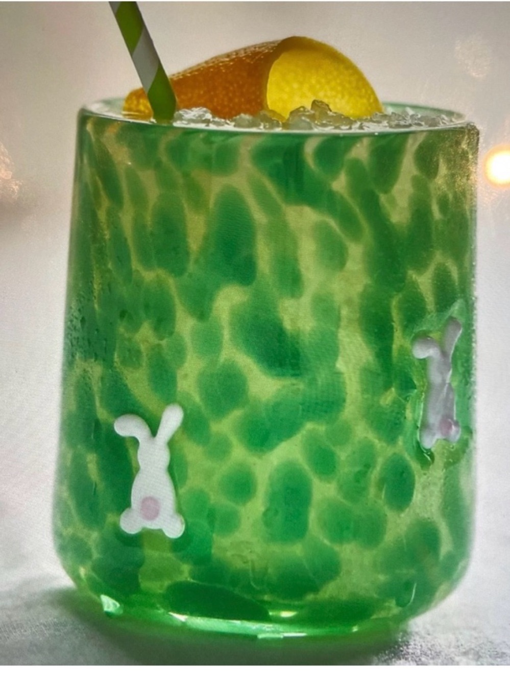 Anthropologie Icon Confetti Green Bunny Pattern Glass Tumbler NEW